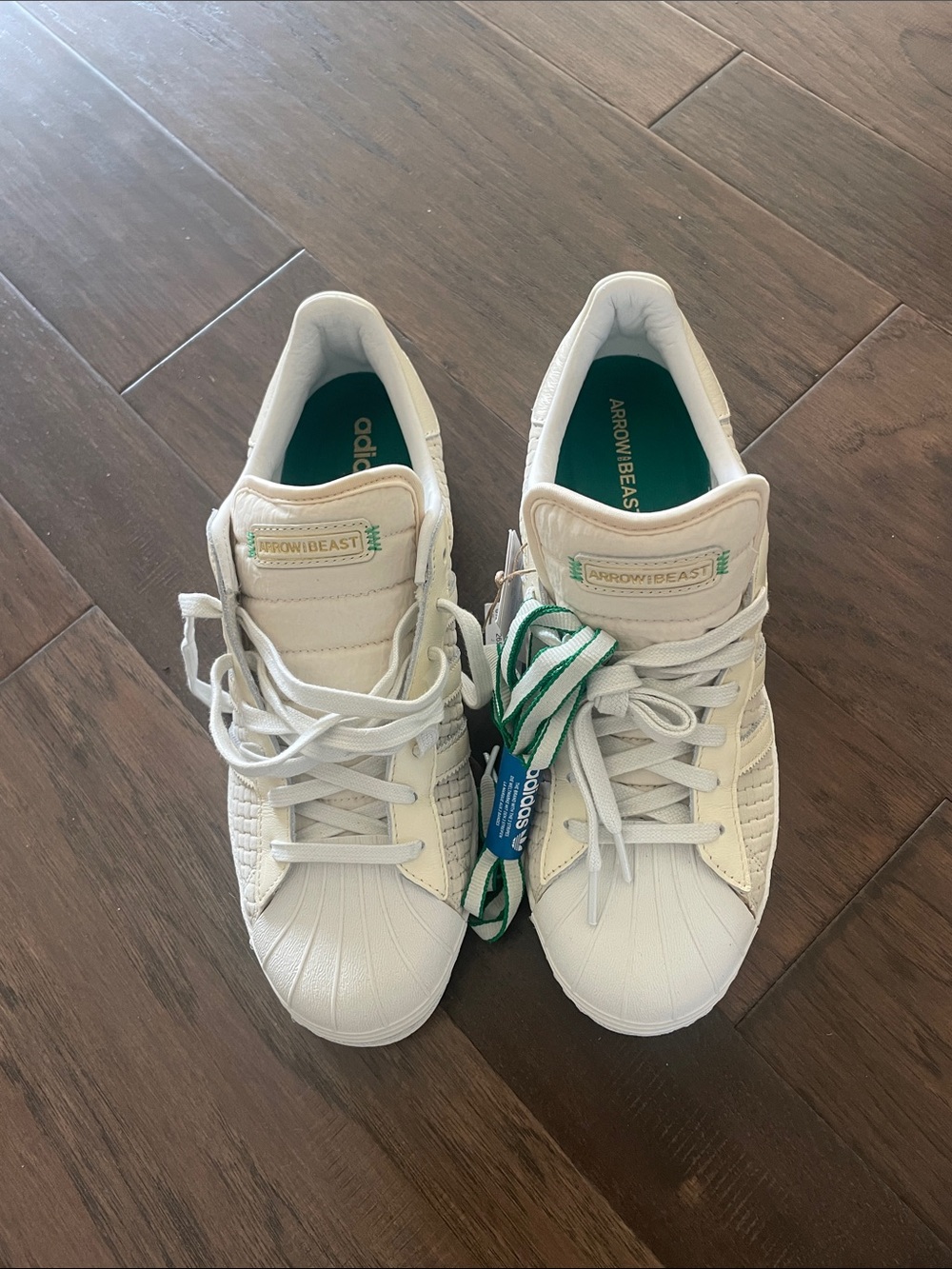 Adidas Superstar X White and Cream Arrowbeast Sneakers with Green Accents